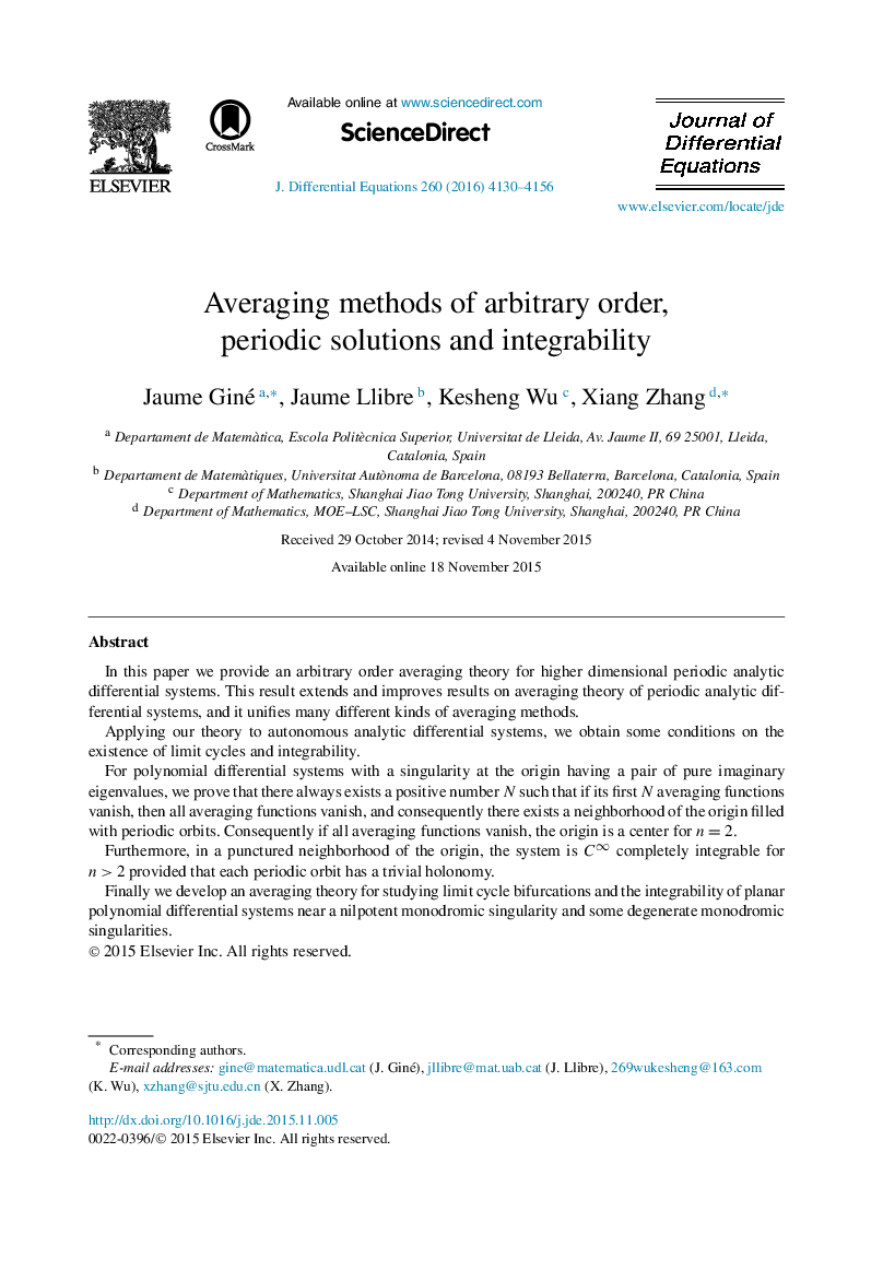 Averaging methods of arbitrary order, periodic solutions and integrability