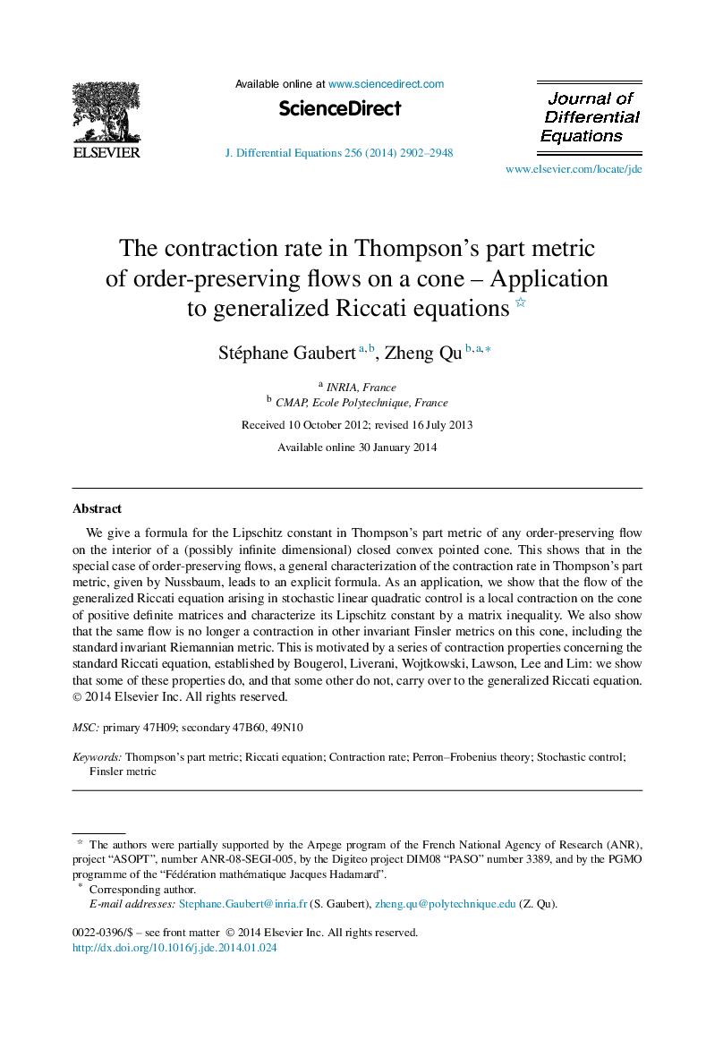 The contraction rate in Thompson's part metric of order-preserving flows on a cone – Application to generalized Riccati equations 