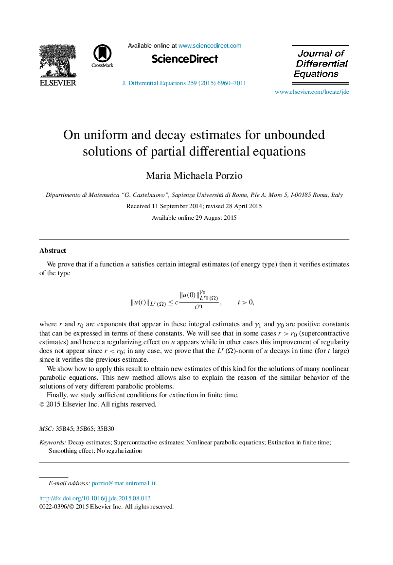 برآوردهای یکنواخت و پوسیدگی برای راه حل های نامحدود معادلات دیفرانسیل با مشتقات جزئی 
