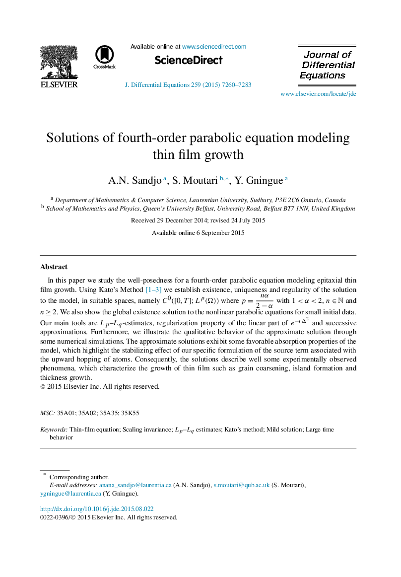 Solutions of fourth-order parabolic equation modeling thin film growth