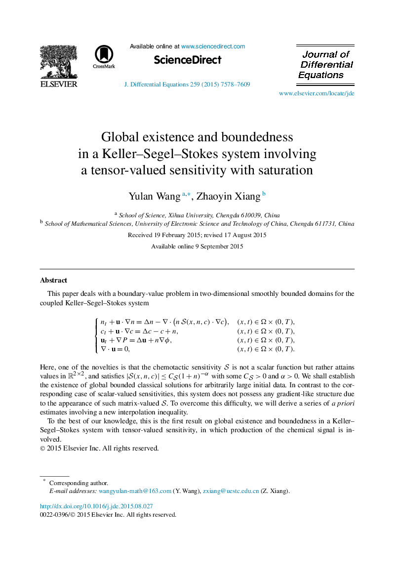 Global existence and boundedness in a Keller–Segel–Stokes system involving a tensor-valued sensitivity with saturation