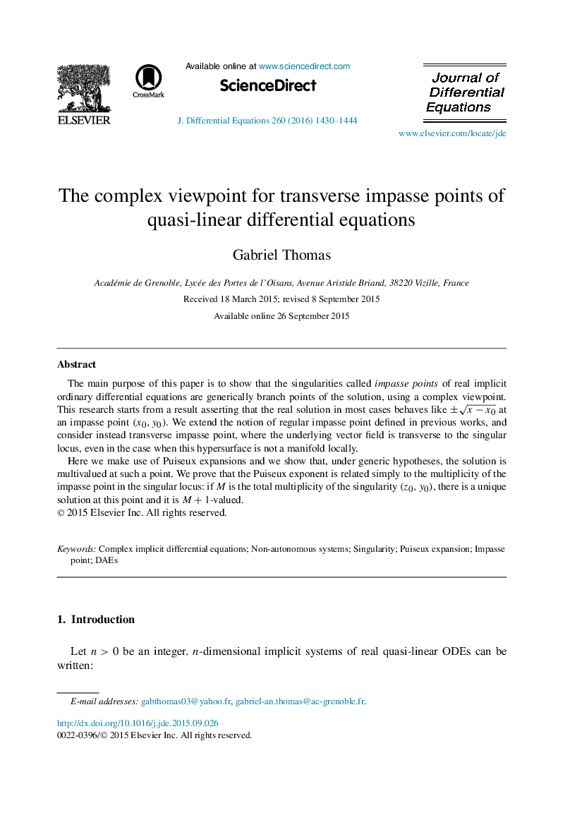 The complex viewpoint for transverse impasse points of quasi-linear differential equations