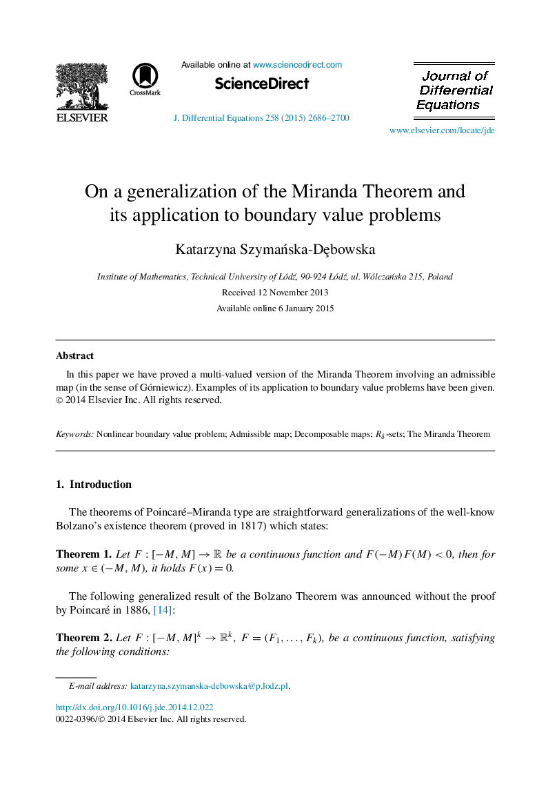 On a generalization of the Miranda Theorem and its application to boundary value problems