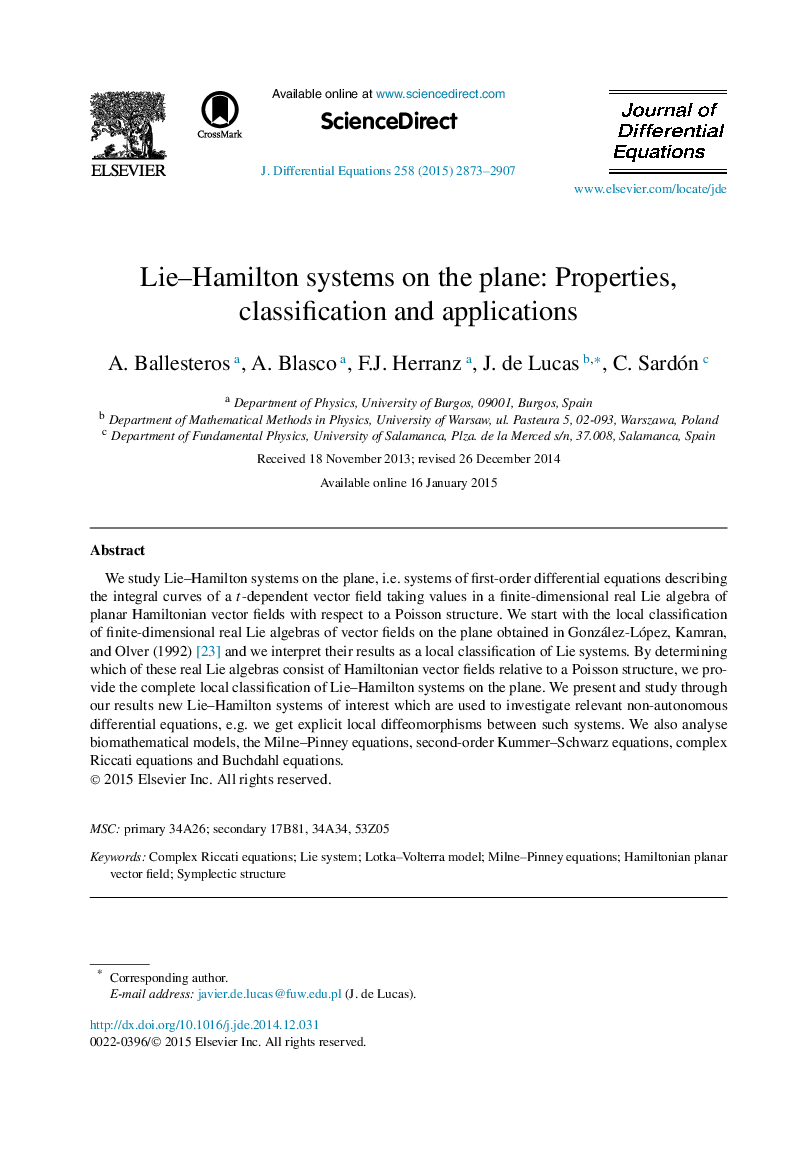 Lie-Hamilton systems on the plane: Properties, classification and applications