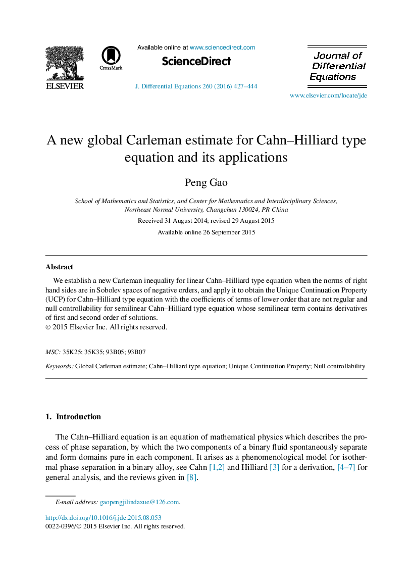 A new global Carleman estimate for Cahn–Hilliard type equation and its applications