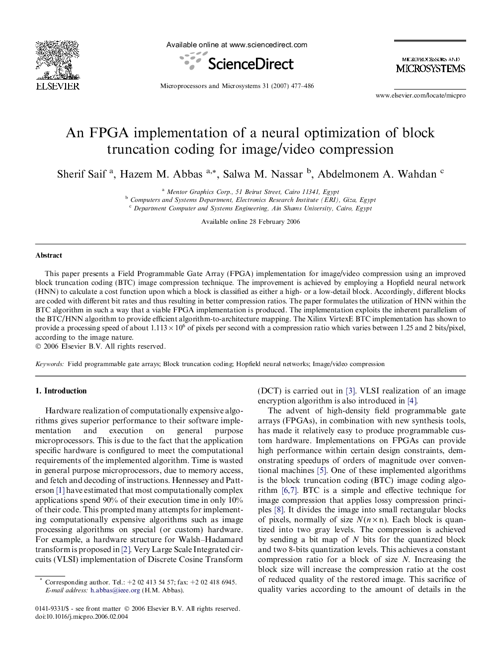 An FPGA implementation of a neural optimization of block truncation coding for image/video compression