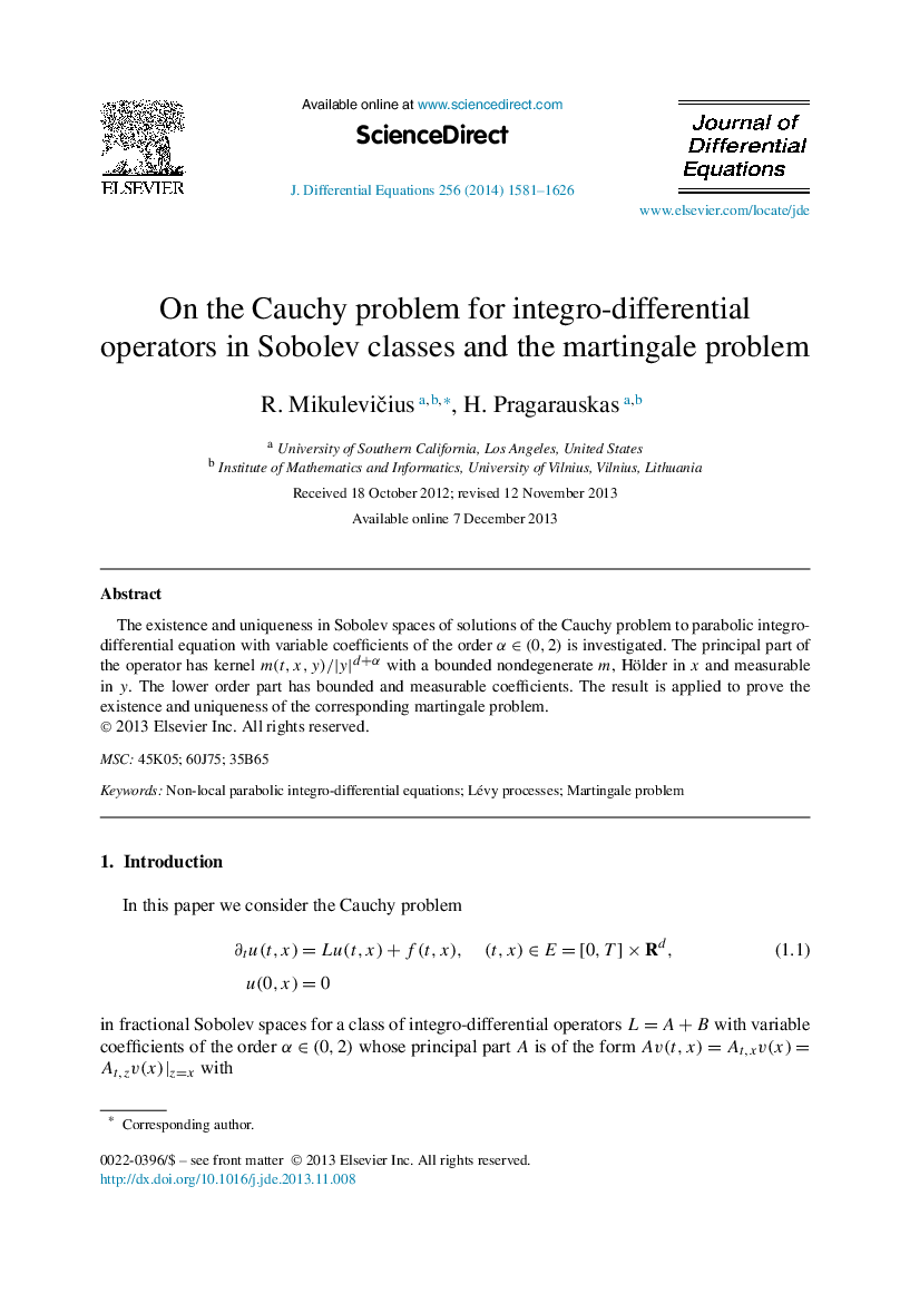 On the Cauchy problem for integro-differential operators in Sobolev classes and the martingale problem