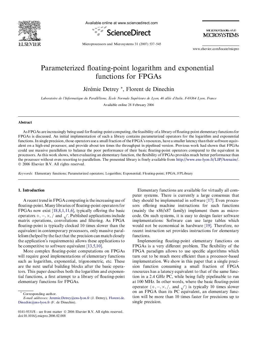 Parameterized floating-point logarithm and exponential functions for FPGAs