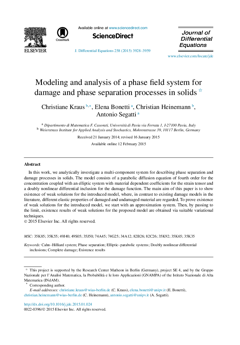 Modeling and analysis of a phase field system for damage and phase separation processes in solids 