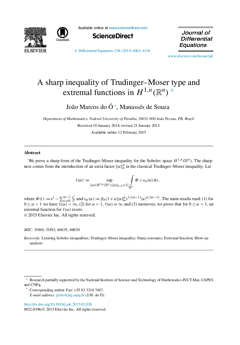 A sharp inequality of Trudinger-Moser type and extremal functions in H1,n(Rn)