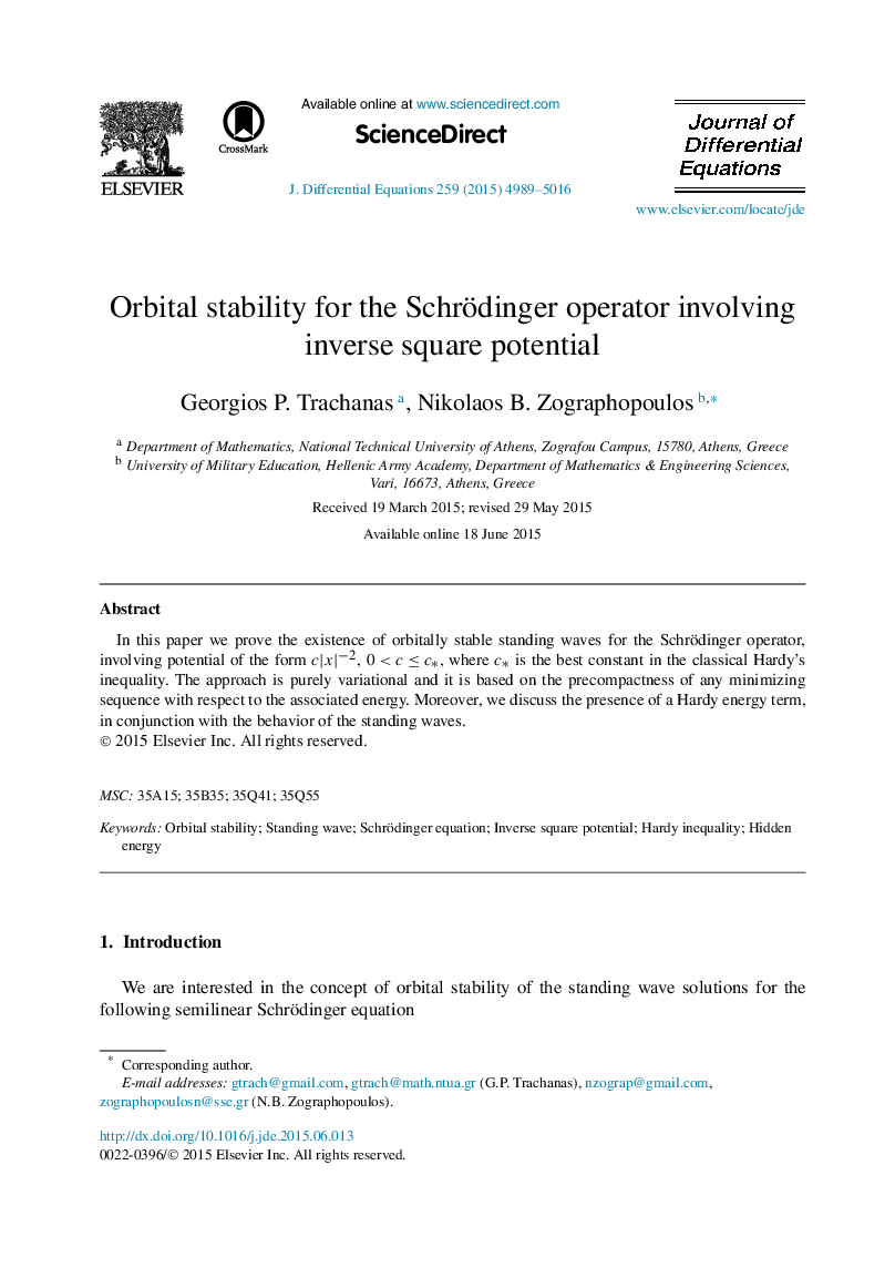 Orbital stability for the Schrödinger operator involving inverse square potential