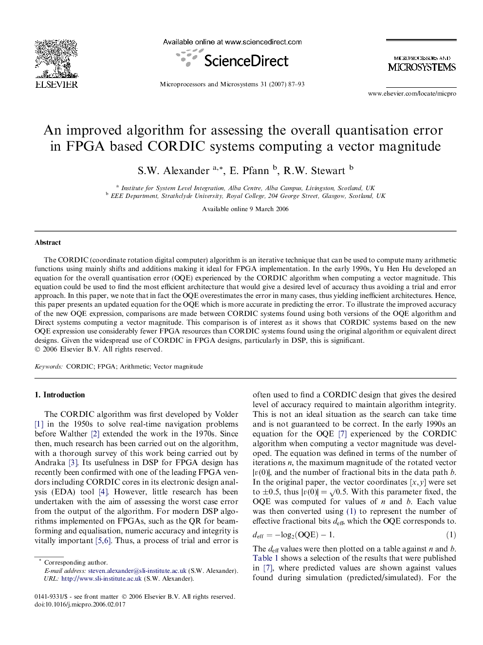 An improved algorithm for assessing the overall quantisation error in FPGA based CORDIC systems computing a vector magnitude