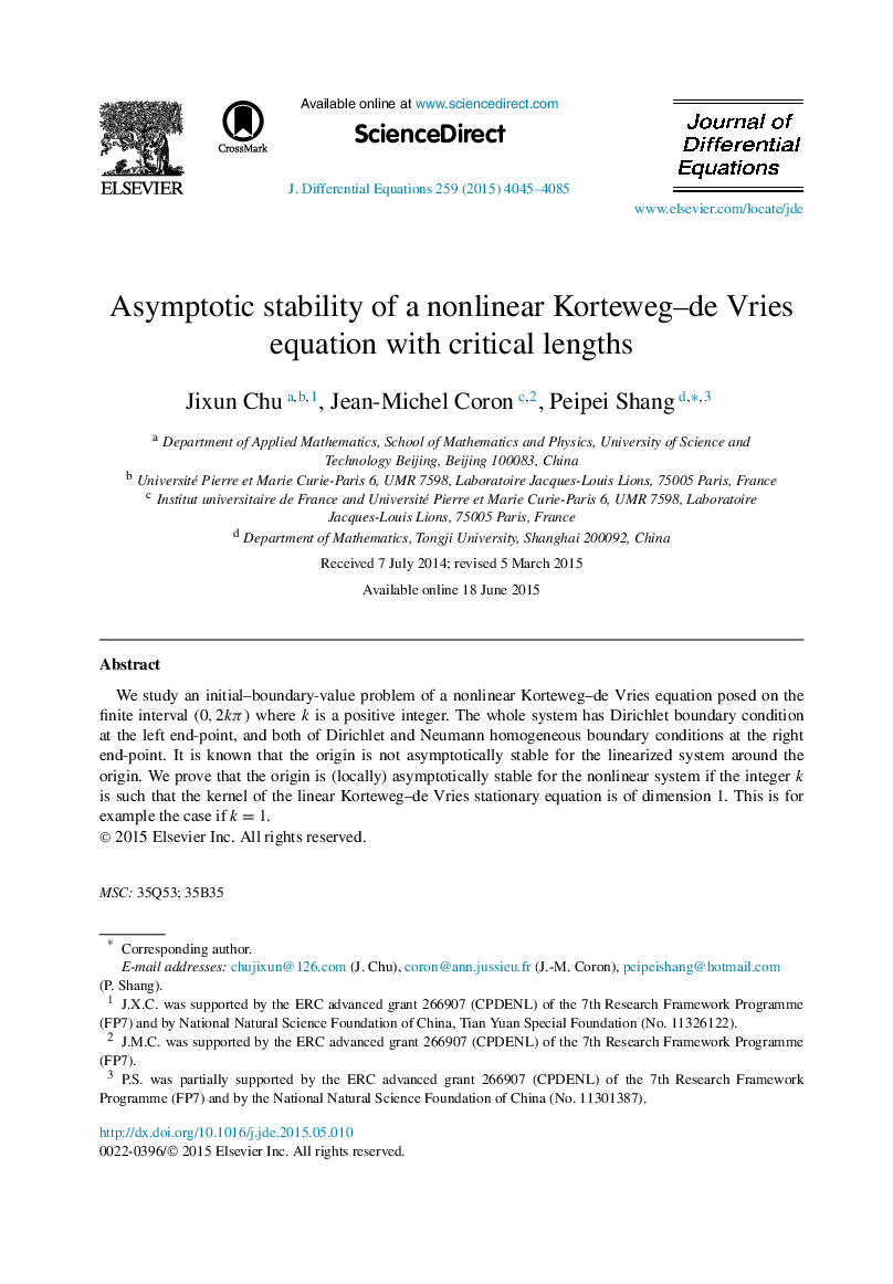 Asymptotic stability of a nonlinear Korteweg–de Vries equation with critical lengths