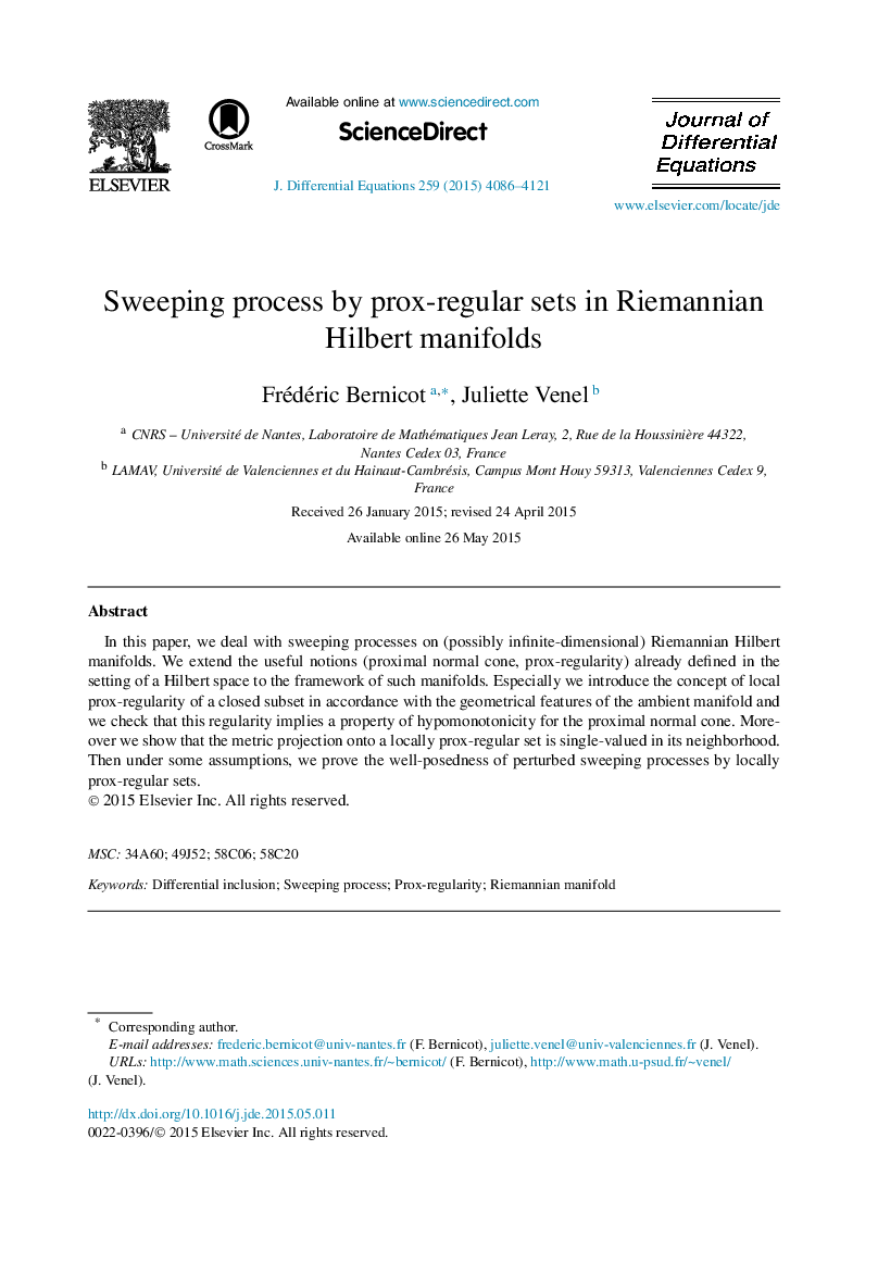 Sweeping process by prox-regular sets in Riemannian Hilbert manifolds