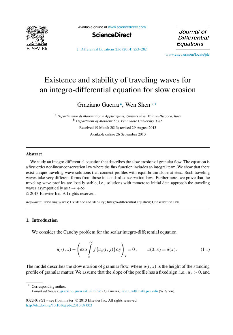 Existence and stability of traveling waves for an integro-differential equation for slow erosion