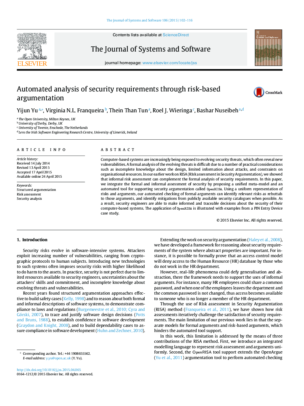 Automated analysis of security requirements through risk-based argumentation