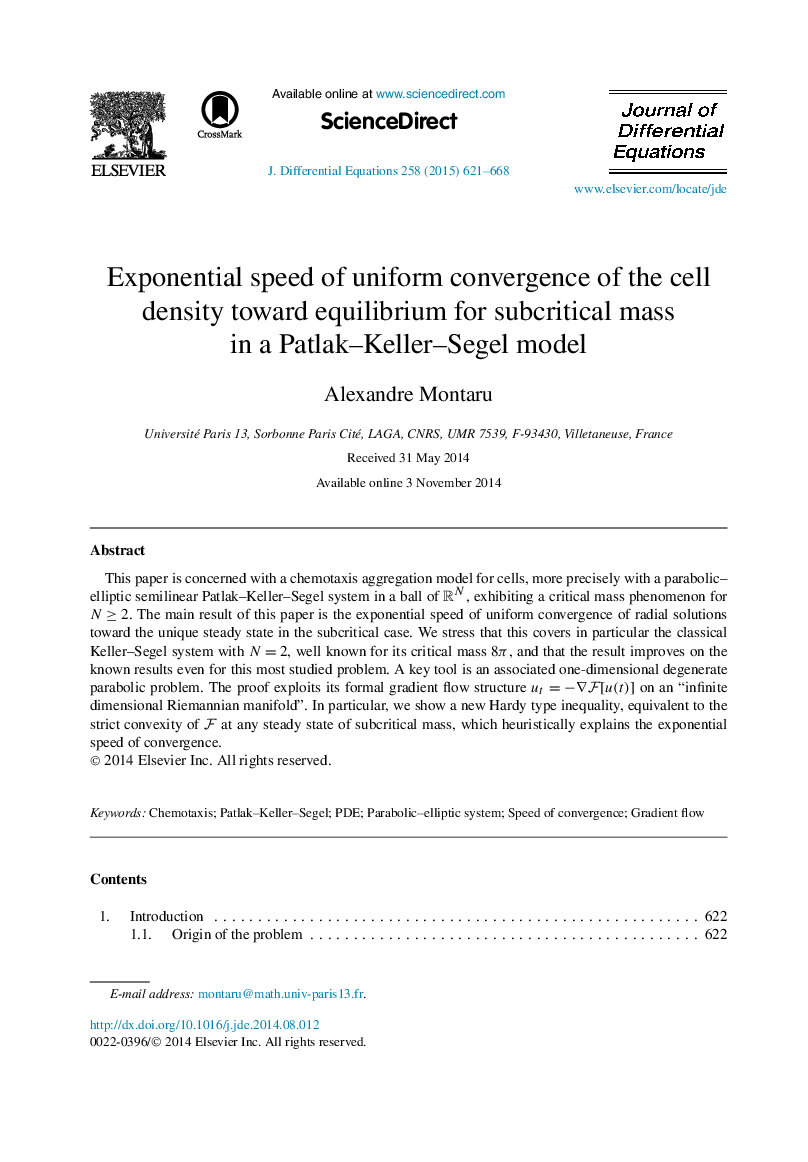 Exponential speed of uniform convergence of the cell density toward equilibrium for subcritical mass in a Patlak-Keller-Segel model