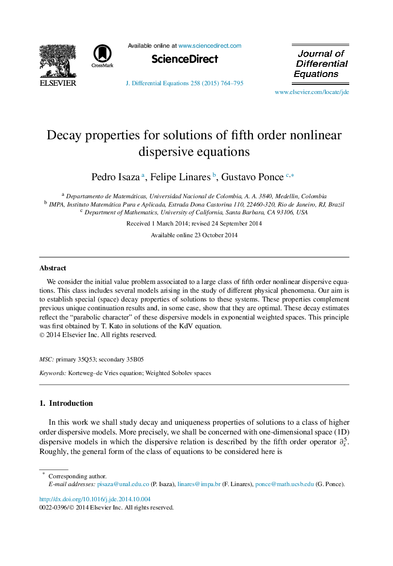 Decay properties for solutions of fifth order nonlinear dispersive equations