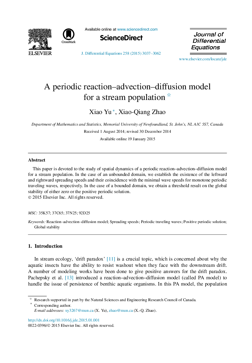 یک مدل انتشار واکنش پیاپی برای یک جمعیت جریان 