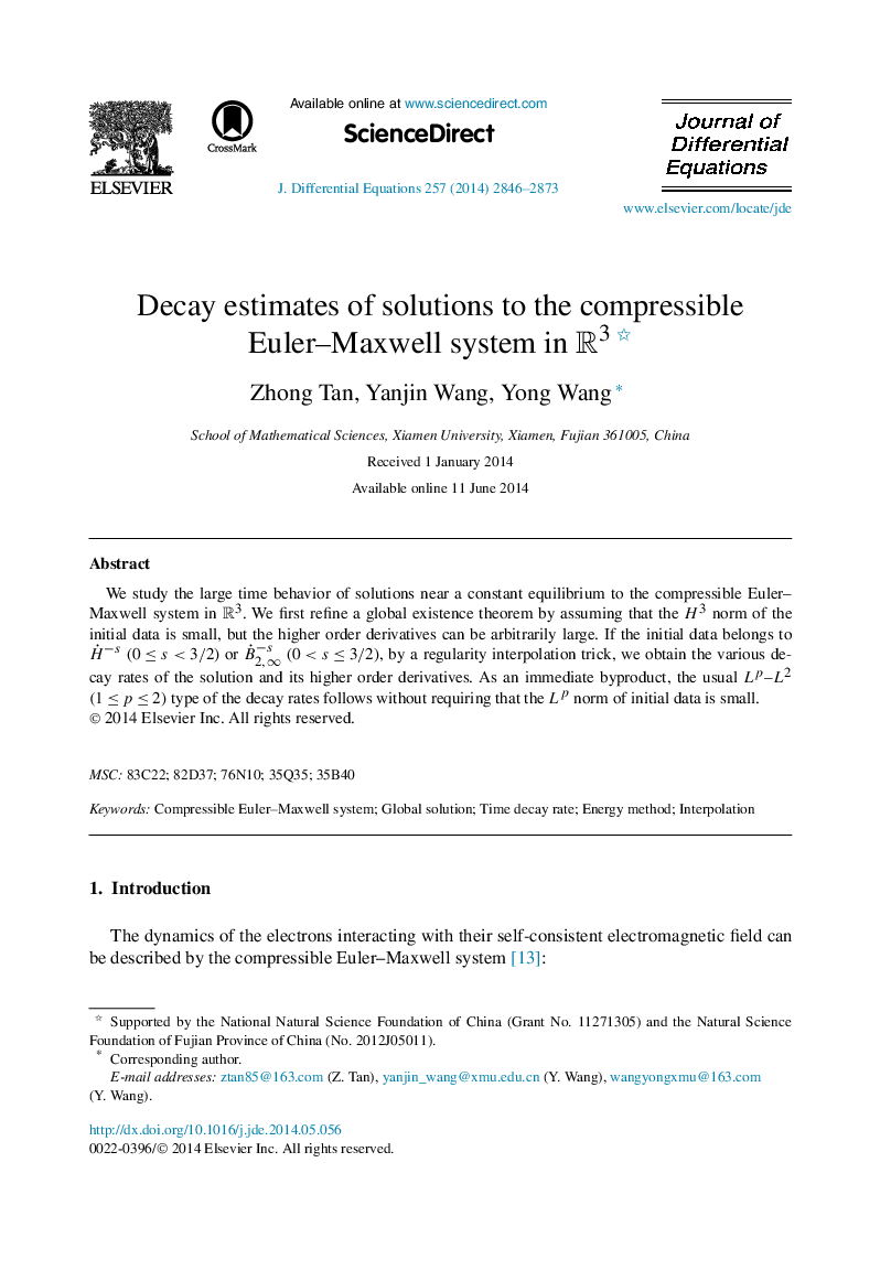 Decay estimates of solutions to the compressible Euler–Maxwell system in R3R3 