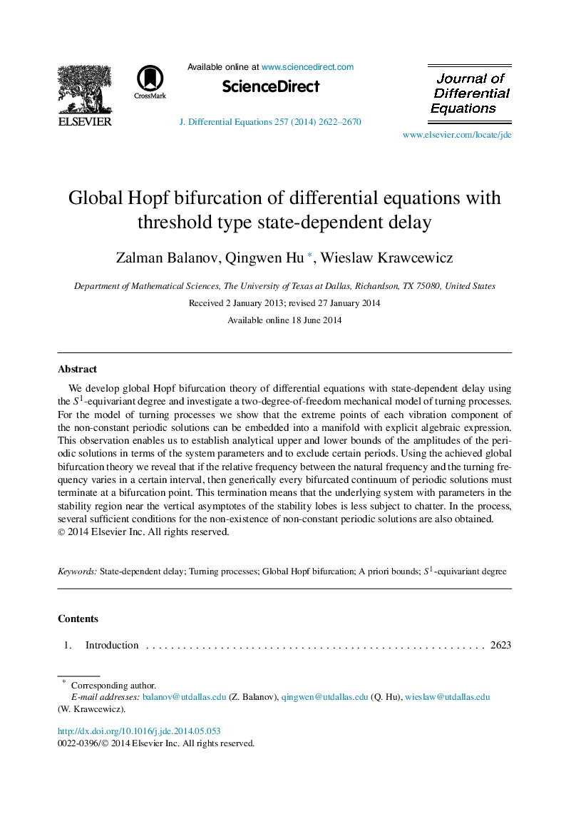 Global Hopf bifurcation of differential equations with threshold type state-dependent delay