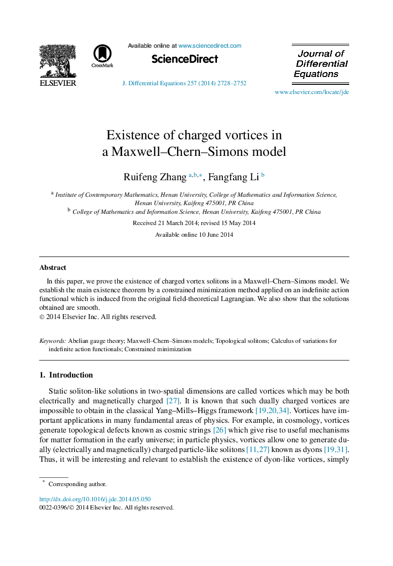 Existence of charged vortices in a Maxwell–Chern–Simons model