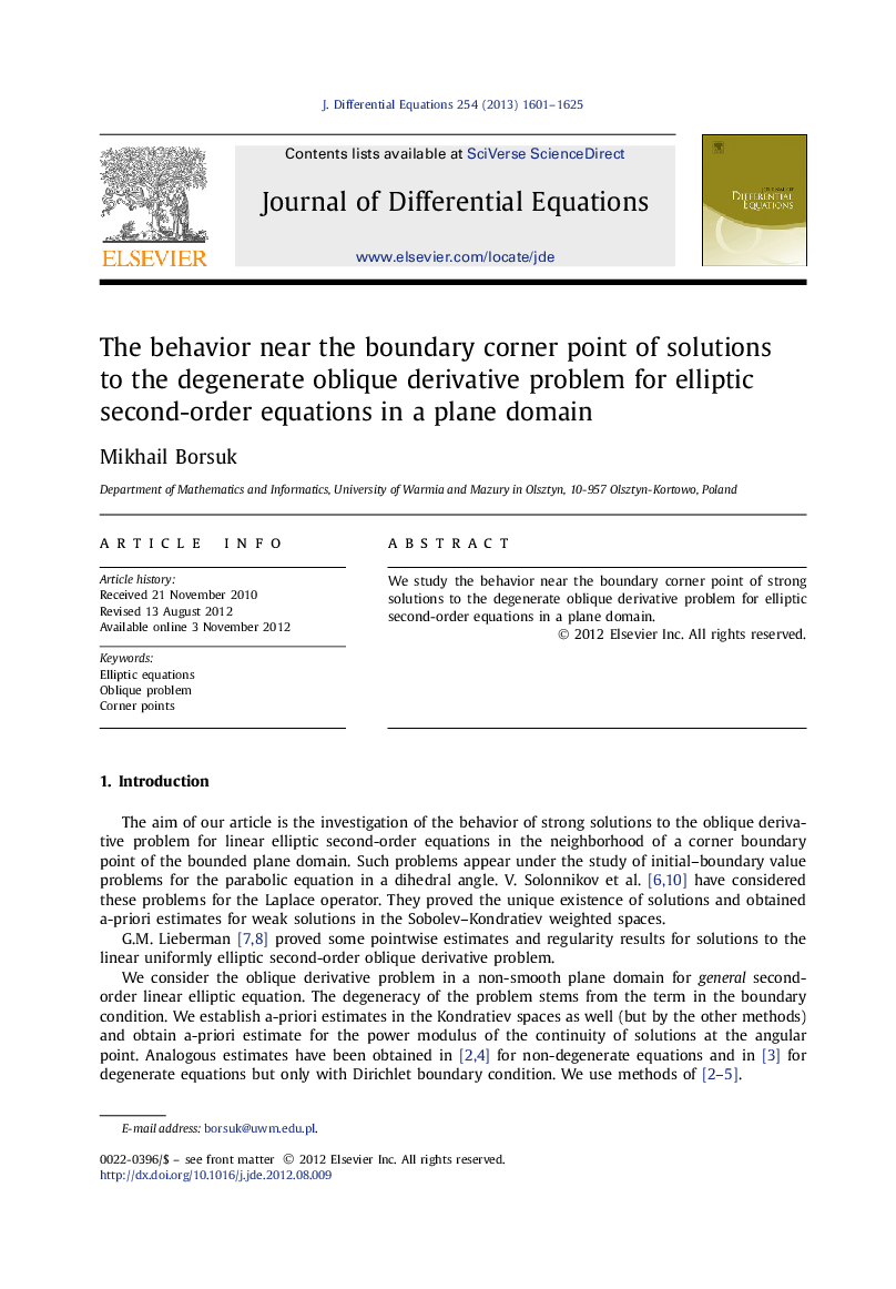 The behavior near the boundary corner point of solutions to the degenerate oblique derivative problem for elliptic second-order equations in a plane domain