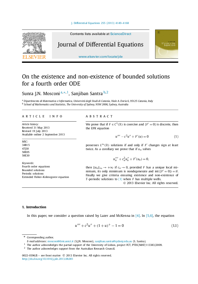 On the existence and non-existence of bounded solutions for a fourth order ODE