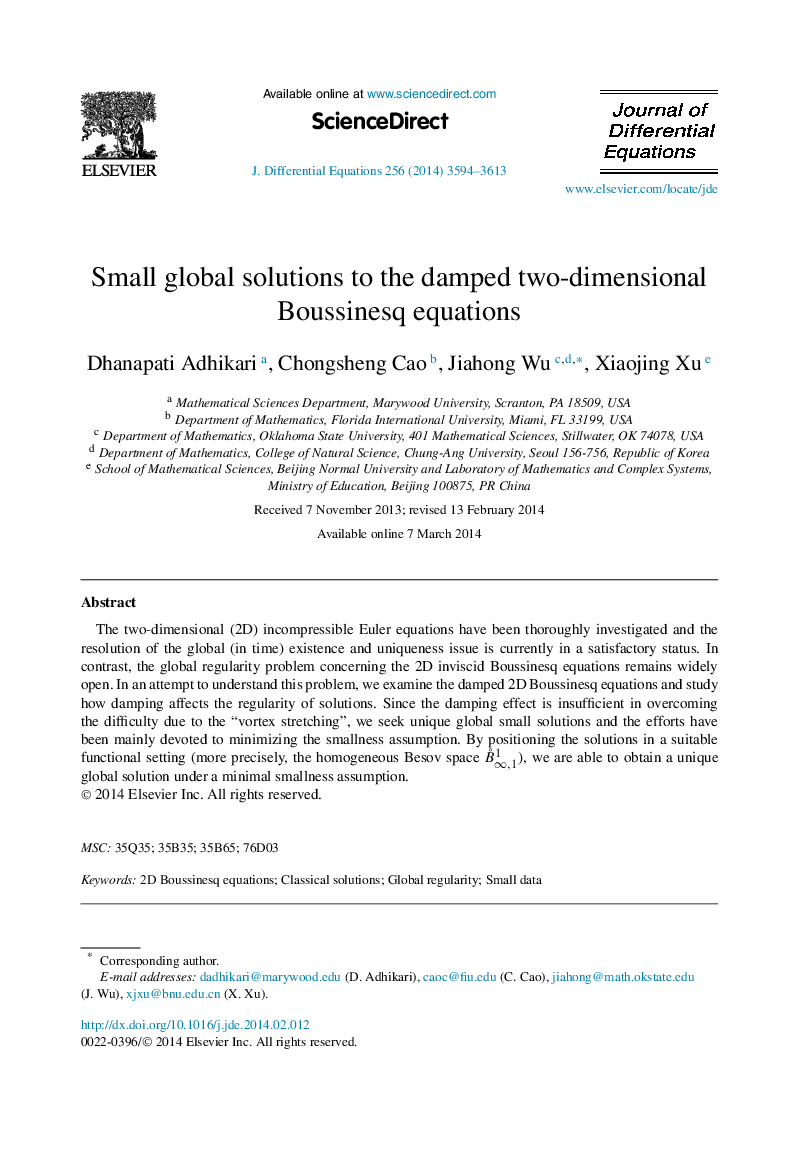 Small global solutions to the damped two-dimensional Boussinesq equations