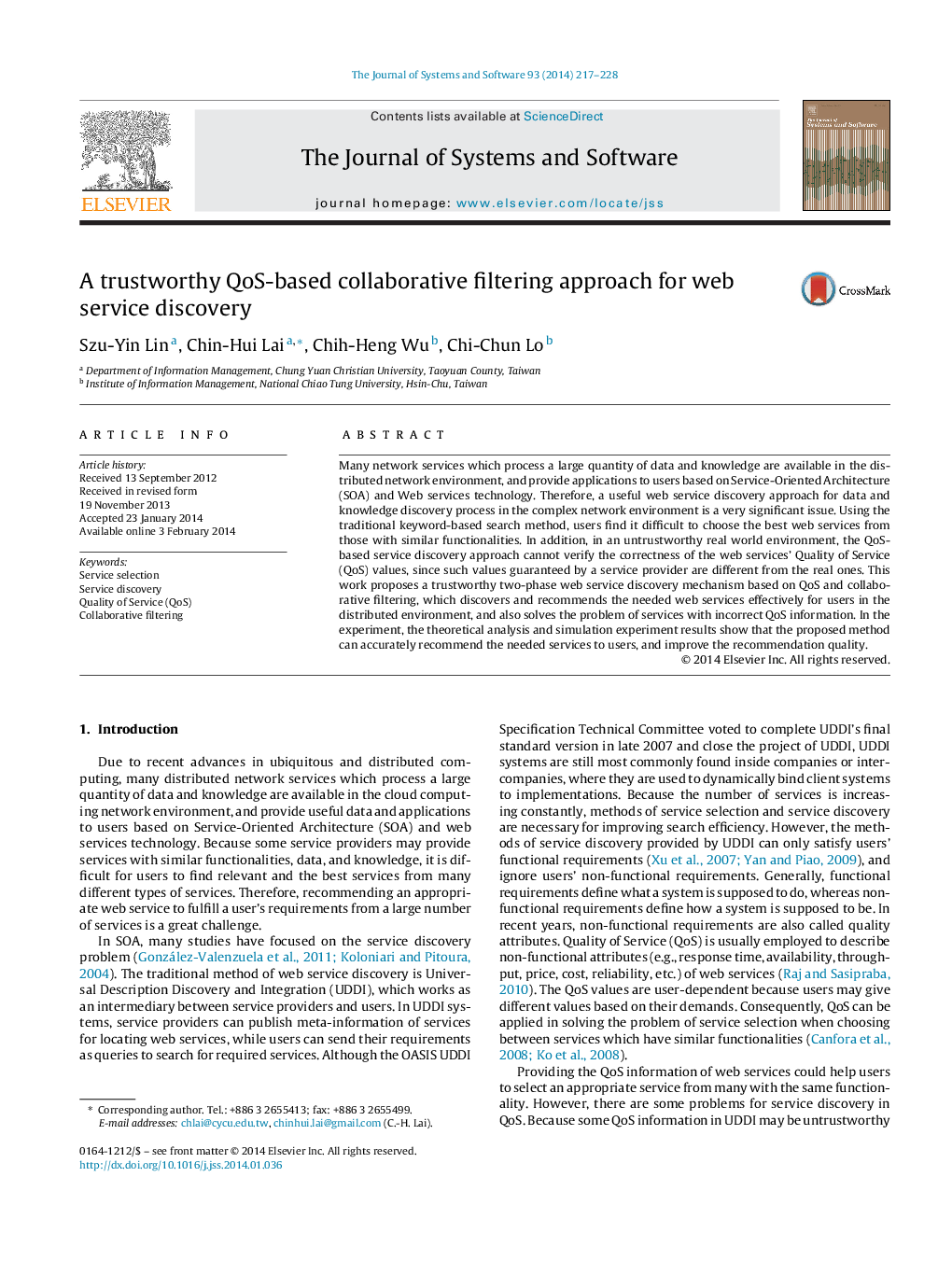 A trustworthy QoS-based collaborative filtering approach for web service discovery