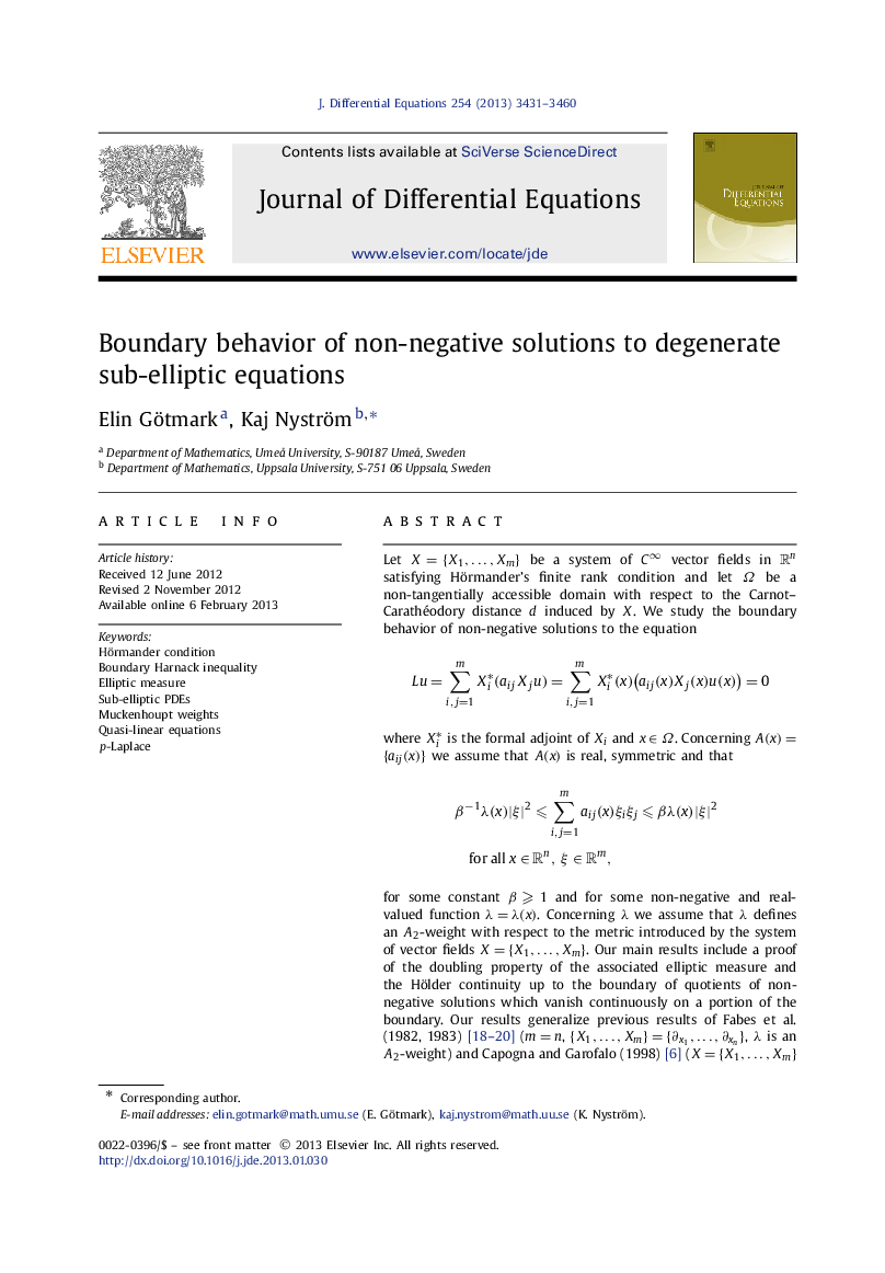 Boundary behavior of non-negative solutions to degenerate sub-elliptic equations