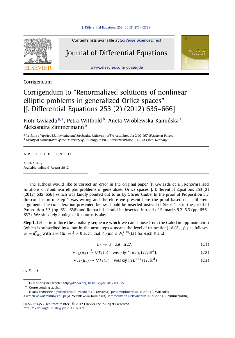 Corrigendum to “Renormalized solutions of nonlinear elliptic problems in generalized Orlicz spaces” [J. Differential Equations 253 (2) (2012) 635-666]