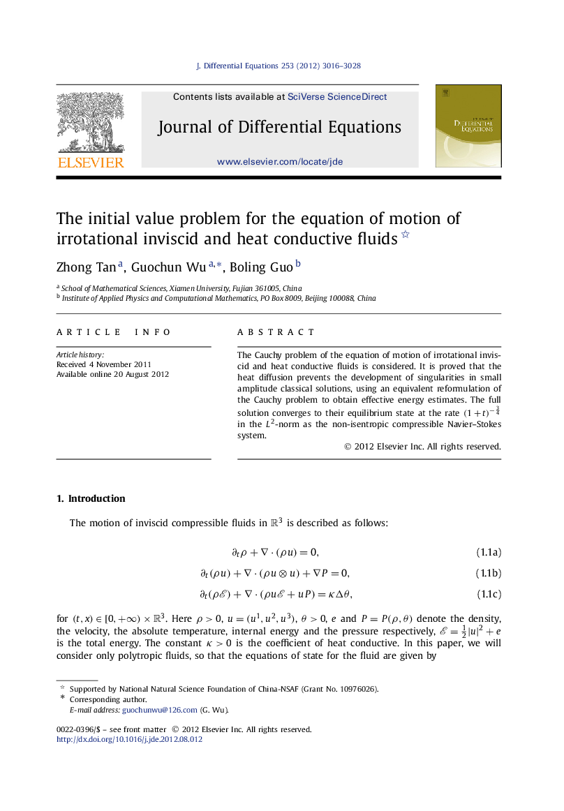 عکس صفحه اول مقاله: The initial value problem for the equation of motion of irrotational inviscid and heat conductive fluids The initial value problem for the equation of motion of irrotational inviscid and heat conductive fluids