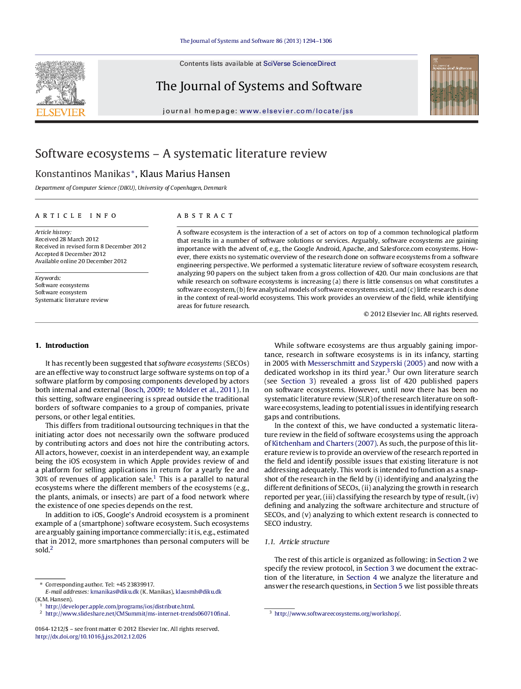 Software ecosystems – A systematic literature review