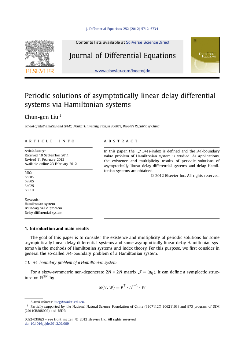 عکس صفحه اول مقاله: Periodic solutions of asymptotically linear delay differential systems via Hamiltonian systems Periodic solutions of asymptotically linear delay differential systems via Hamiltonian systems