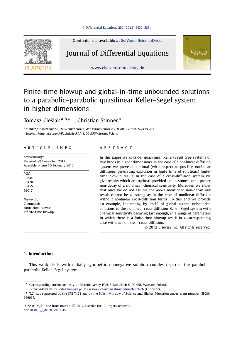 عکس صفحه اول مقاله: Finite-time blowup and global-in-time unbounded solutions to a parabolic–parabolic quasilinear Keller–Segel system in higher dimensions Finite-time blowup and global-in-time unbounded solutions to a parabolic–parabolic quasilinear Keller–Segel system in higher dimensions