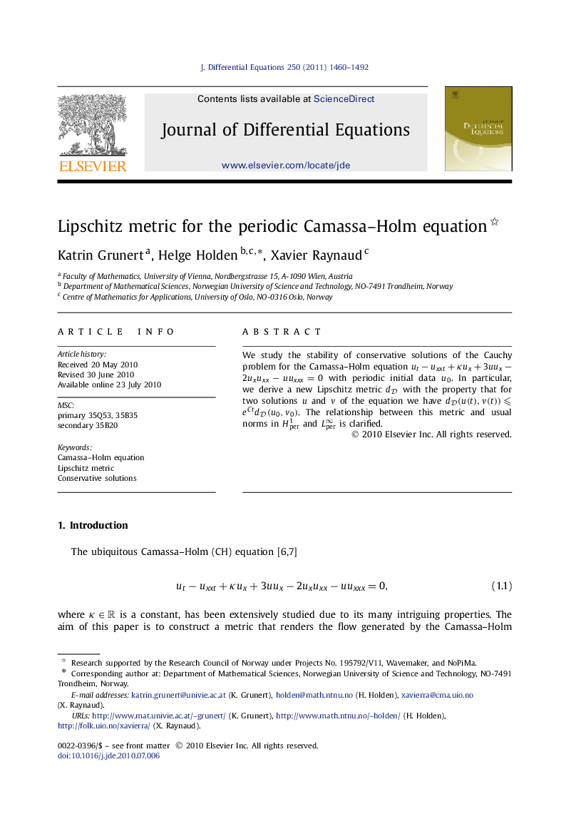 عکس صفحه اول مقاله: Lipschitz metric for the periodic Camassa–Holm equation Lipschitz metric for the periodic Camassa–Holm equation