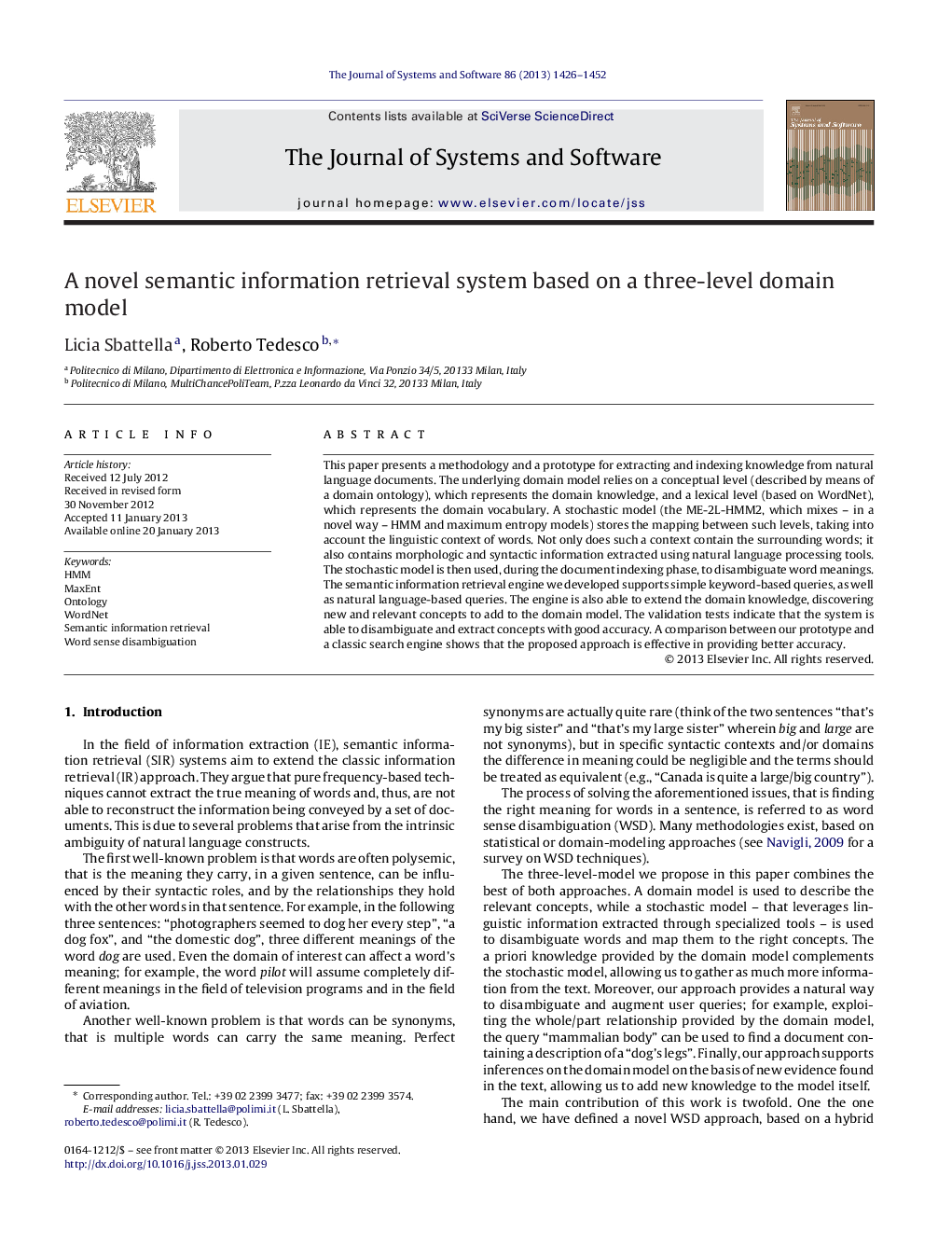 A novel semantic information retrieval system based on a three-level domain model