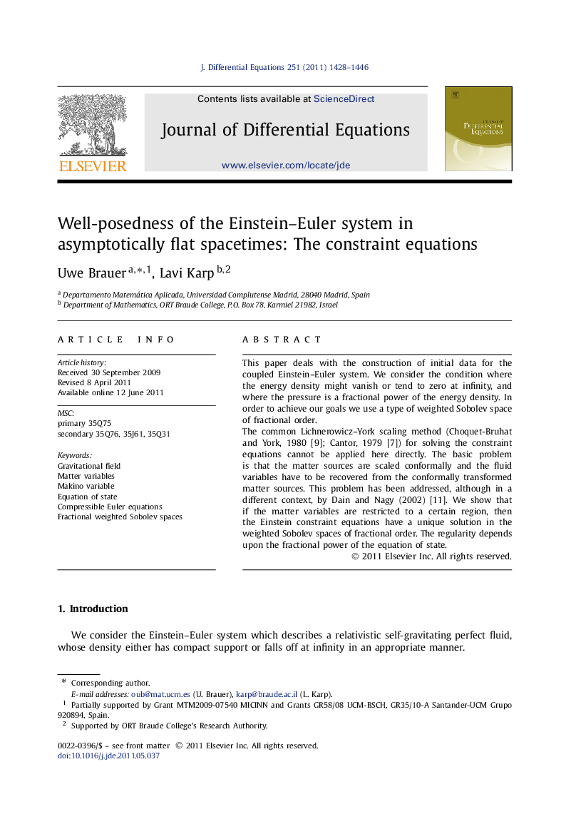 عکس صفحه اول مقاله: Well-posedness of the Einstein–Euler system in asymptotically flat spacetimes: The constraint equations Well-posedness of the Einstein–Euler system in asymptotically flat spacetimes: The constraint equations