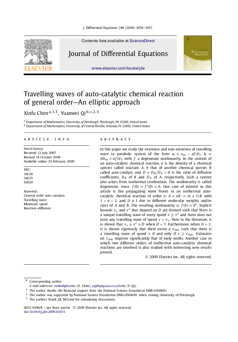 Travelling waves of auto-catalytic chemical reaction of general order—An elliptic approach