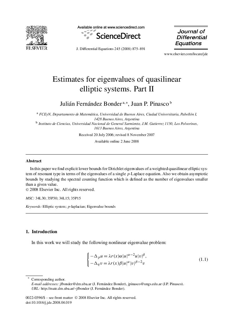 عکس صفحه اول مقاله: Estimates for eigenvalues of quasilinear elliptic systems. Part II Estimates for eigenvalues of quasilinear elliptic systems. Part II