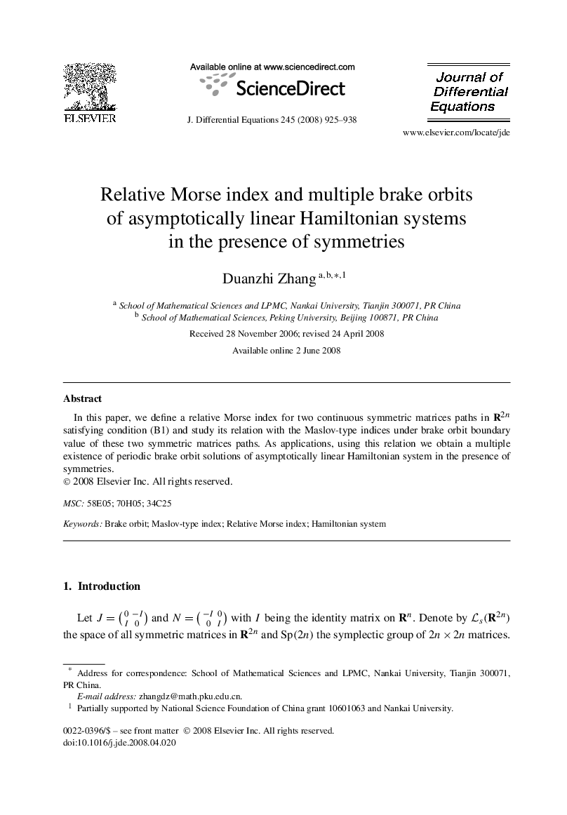 عکس صفحه اول مقاله: Relative Morse index and multiple brake orbits of asymptotically linear Hamiltonian systems in the presence of symmetries Relative Morse index and multiple brake orbits of asymptotically linear Hamiltonian systems in the presence of symmetries
