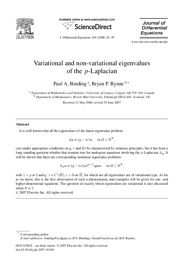 عکس صفحه اول مقاله: Variational and non-variational eigenvalues of the p-Laplacian Variational and non-variational eigenvalues of the p-Laplacian