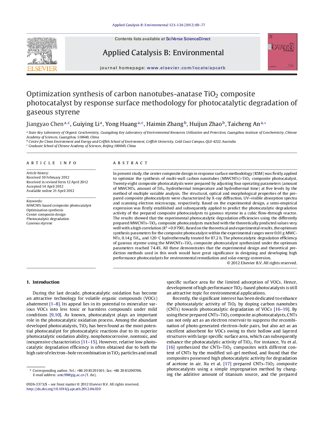 Optimization synthesis of carbon nanotubes-anatase TiO2 composite photocatalyst by response surface methodology for photocatalytic degradation of gaseous styrene