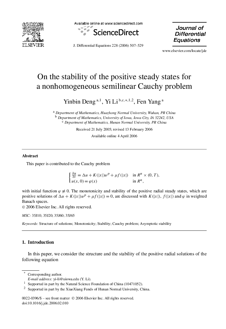 On the stability of the positive steady states for a nonhomogeneous semilinear Cauchy problem