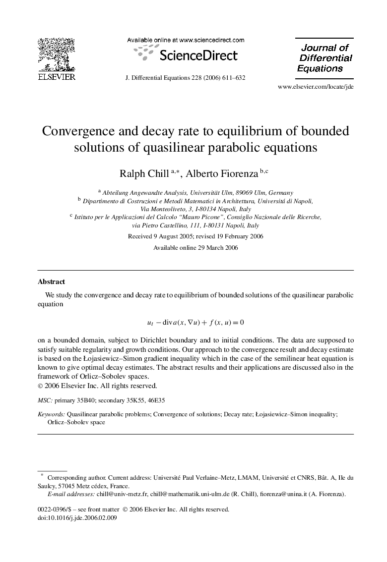 Convergence and decay rate to equilibrium of bounded solutions of quasilinear parabolic equations