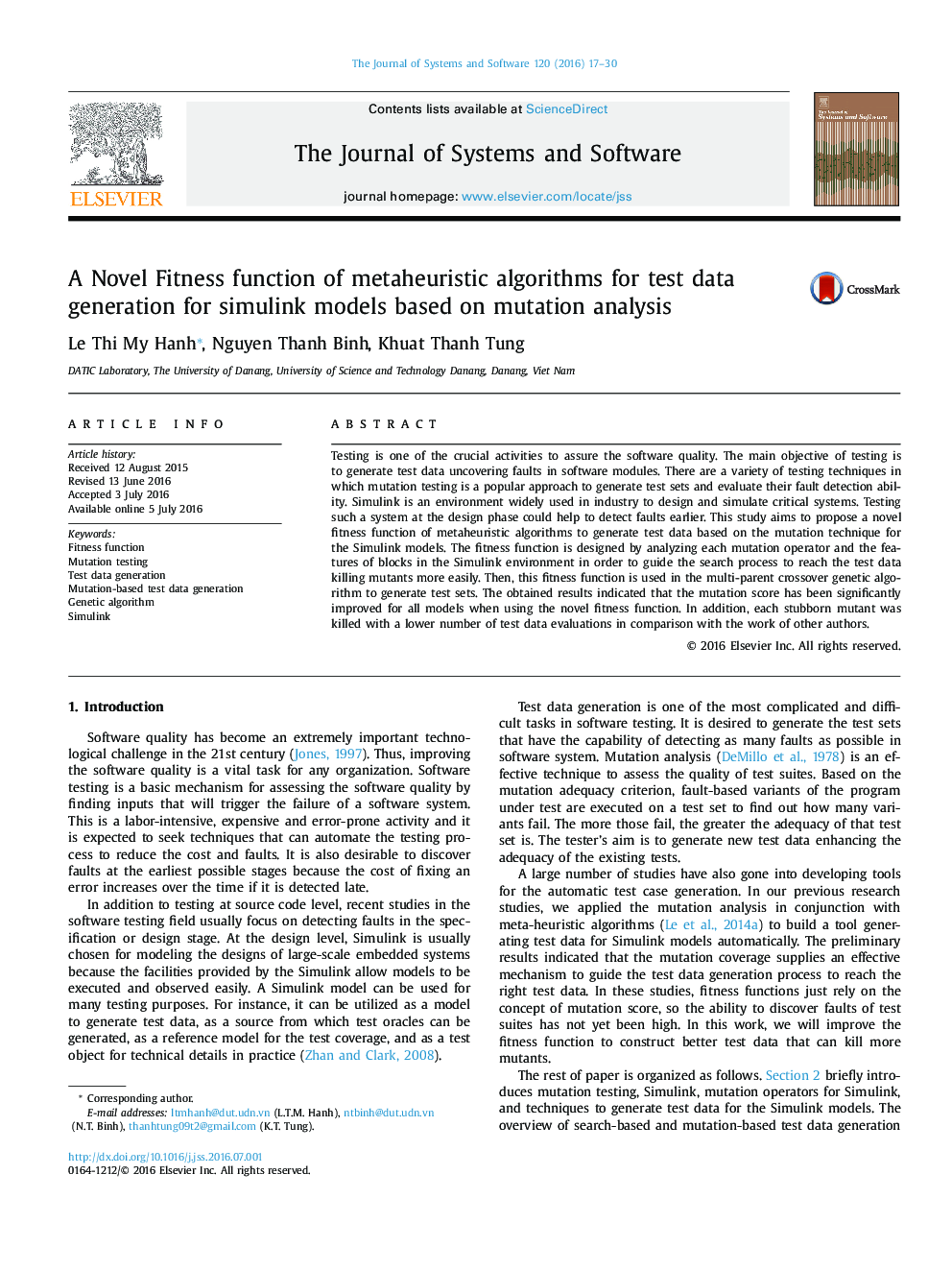 A Novel Fitness function of metaheuristic algorithms for test data generation for simulink models based on mutation analysis