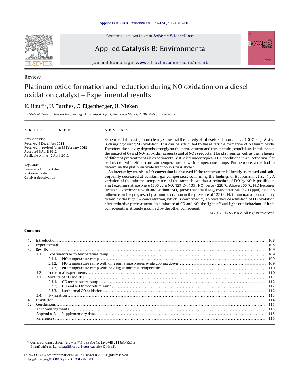 عکس صفحه اول مقاله: Platinum oxide formation and reduction during NO oxidation on a diesel oxidation catalyst – Experimental results Platinum oxide formation and reduction during NO oxidation on a diesel oxidation catalyst – Experimental results
