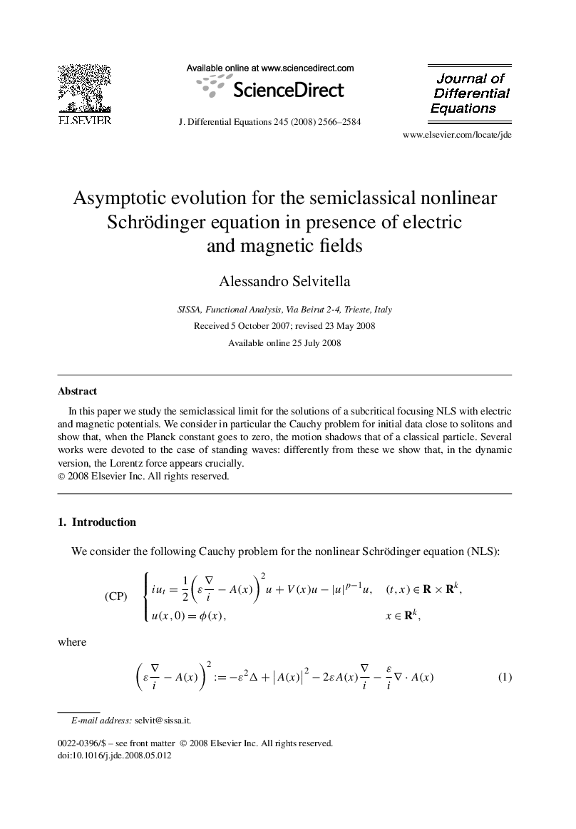 عکس صفحه اول مقاله: Asymptotic evolution for the semiclassical nonlinear Schrödinger equation in presence of electric and magnetic fields Asymptotic evolution for the semiclassical nonlinear Schrödinger equation in presence of electric and magnetic fields