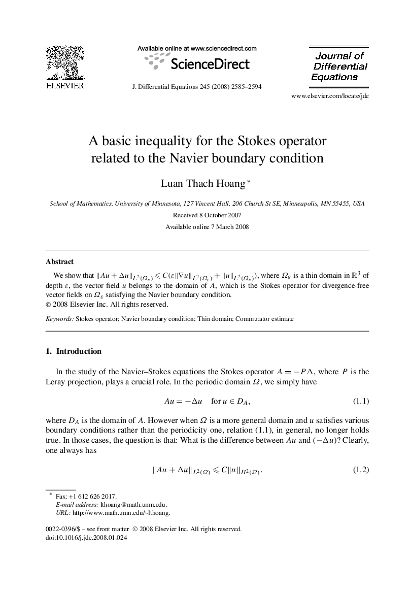 عکس صفحه اول مقاله: A basic inequality for the Stokes operator related to the Navier boundary condition A basic inequality for the Stokes operator related to the Navier boundary condition